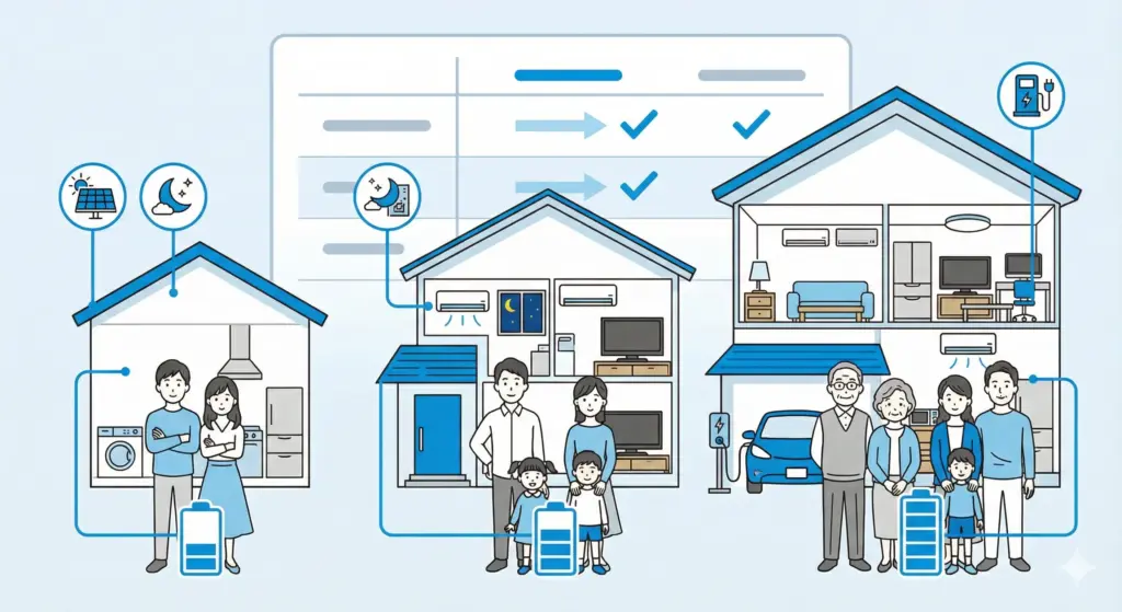 家庭用蓄電池の容量目安【世帯人数・生活スタイル別】