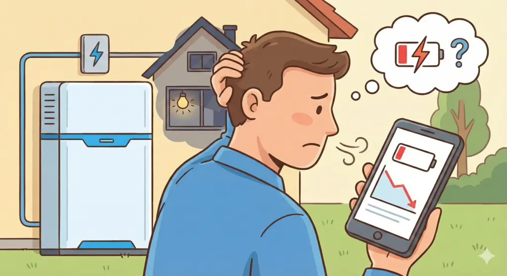 蓄電量が少なく感じて困っている男性の様子